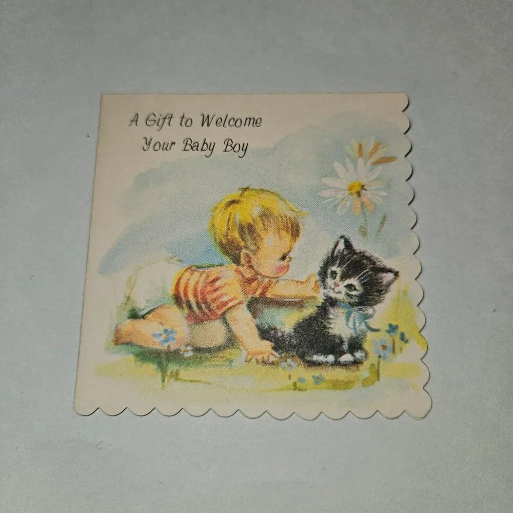 VTG New Baby Boy Greeting Card Welcome Gift Kitten Cat Scalloped 3x3 NEVER USED